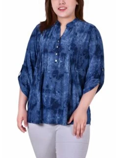 Plus Size Denim Tie Dye 3/4 Sleeve Roll Tab Y Neck Top