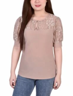 Lace Yoke Puff Sleeve Top - Elegant Short Sleeve Women's Blouse