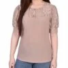 Petite Lace Yoke Puff Sleeve Top - Elegant Doeskin Women's Blouse