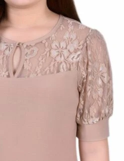 Petite Lace Yoke Puff Sleeve Top - Elegant Doeskin Women's Blouse -Dressbarn Store doeskin short puff sleeve top with lace sleeves and yoke petite 279722