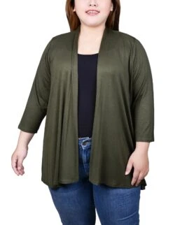 Plus Size Solid 3/4 Sleeve Cardigan - Versatile Layering Piece