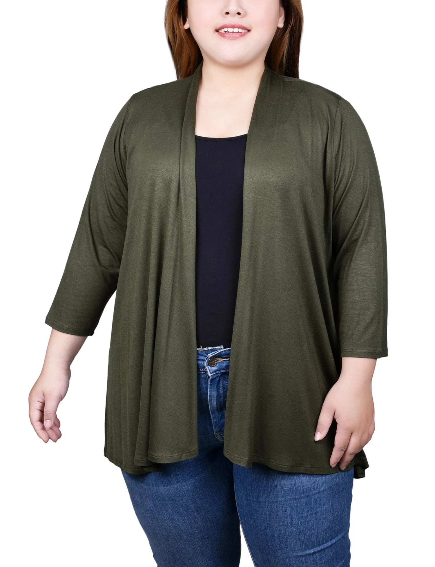 Plus Size Solid 3/4 Sleeve Cardigan - Versatile Layering Piece 1 Plus Size Solid 3/4 Sleeve Cardigan - Versatile Layering Piece