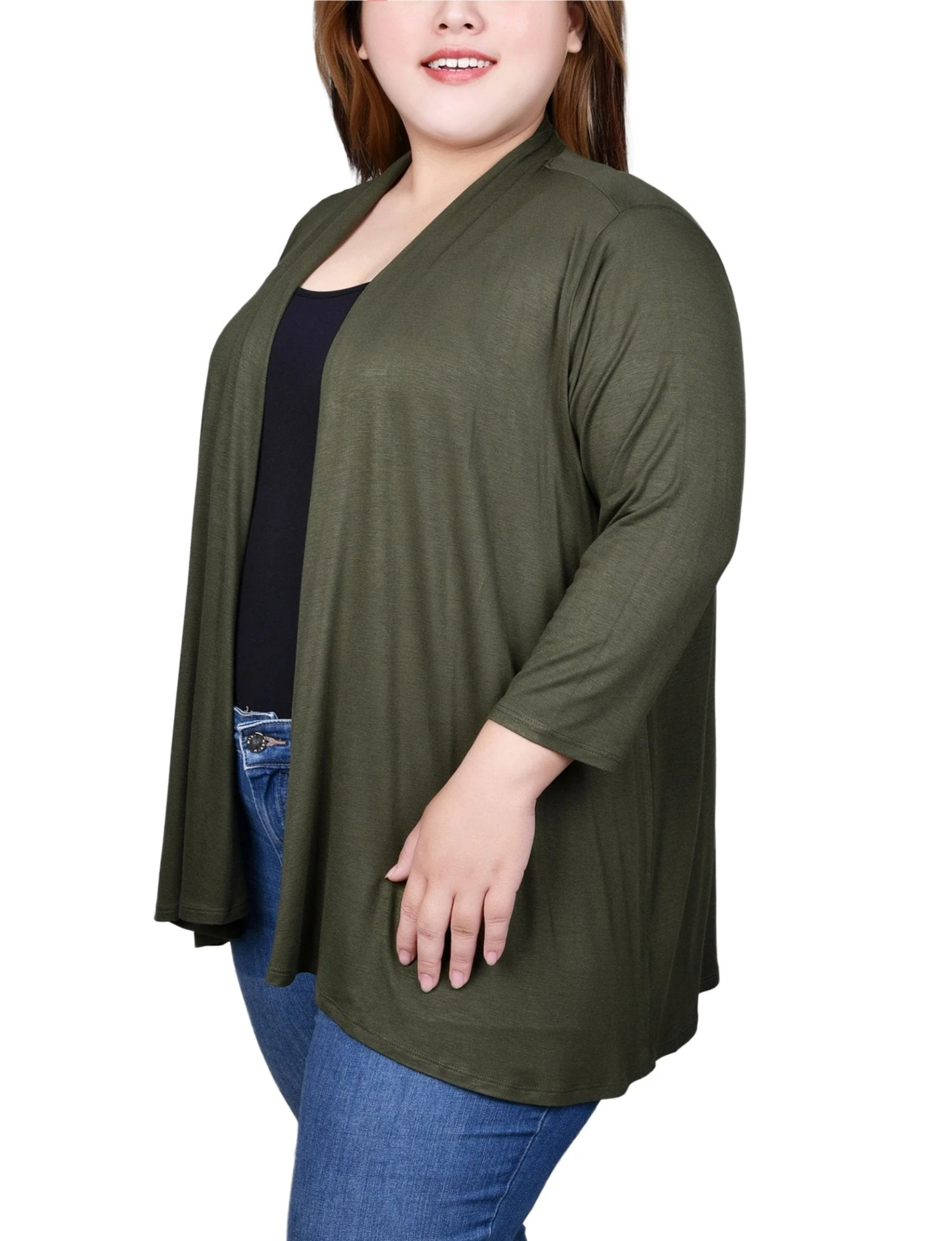 Plus Size Solid 3/4 Sleeve Cardigan - Versatile Layering Piece 2 Plus Size Solid 3/4 Sleeve Cardigan - Versatile Layering Piece - Image 2
