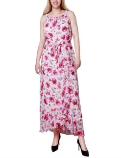 Petite Dusty Pink Chiffon Maxi Dress - Grecian Halter Neck Gown