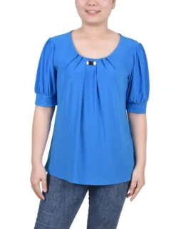 Electric Blue Short Sleeve Balloon Sleeve Top with Hardware Detail