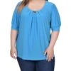 Plus Size Electric Blue Balloon Sleeve Top with Hardware Detail