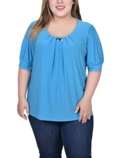 Plus Size Electric Blue Balloon Sleeve Top with Hardware Detail