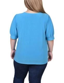 Plus Size Electric Blue Balloon Sleeve Top with Hardware Detail -Dressbarn Store electric blue short sleeve balloon sleeve top with hardware plus 583957