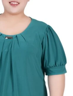 Emerald Green Plus Size Balloon Sleeve Top with Hardware Accent -Dressbarn Store emerald short sleeve balloon sleeve top with hardware plus 459508