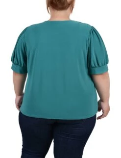 Emerald Green Plus Size Balloon Sleeve Top with Hardware Accent -Dressbarn Store emerald short sleeve balloon sleeve top with hardware plus 493487