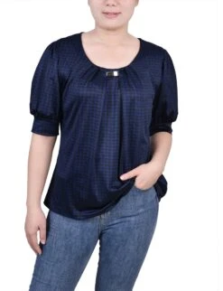 Petite Balloon Sleeve Knit Top with Hardware Detail - Estate Blue