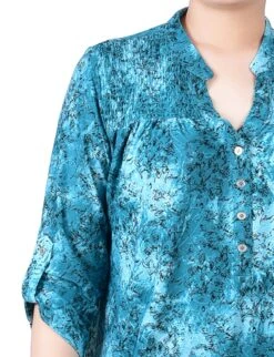 Petite Green Smocked-Yoke Jacquard Top with 3/4 Roll Tab Sleeves -Dressbarn Store etch green 34 roll tab sleeve smocked yoke top petite 494831