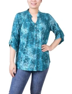 Petite Green Smocked-Yoke Jacquard Top with 3/4 Roll Tab Sleeves