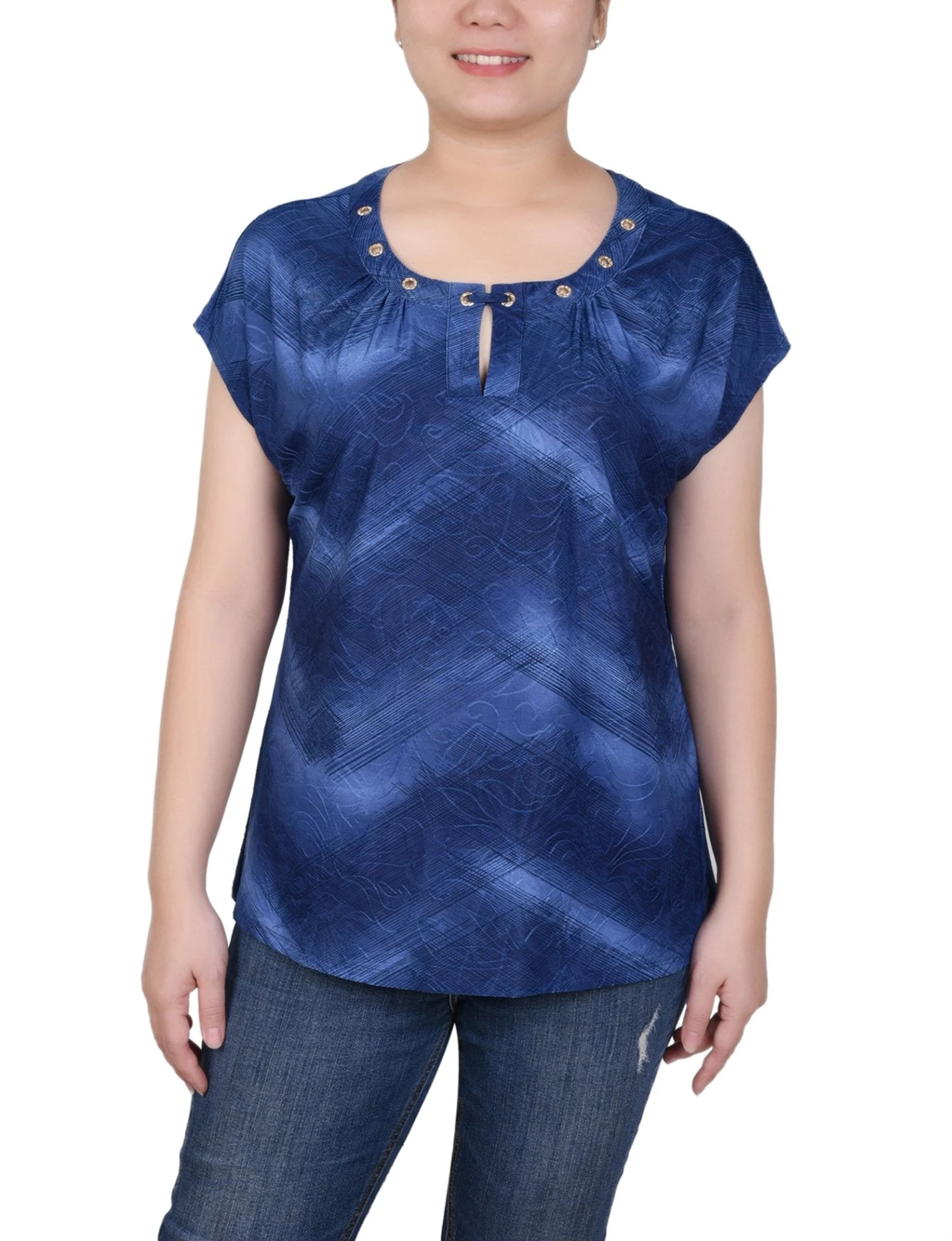 NY Collection Petite Extended Sleeve Top with Grommet Accents 1 NY Collection Petite Extended Sleeve Top with Grommet Accents