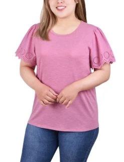 Feminine Eyelet Flutter Sleeve Pullover Top with Lace Trim