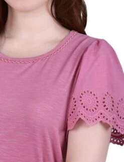 Women's Petite Flutter Eyelet Sleeve Pullover with Lace Neckline -Dressbarn Store fairy wing short flutter eyelet sleeve pullover petite 161699