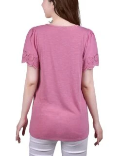 Women's Petite Flutter Eyelet Sleeve Pullover with Lace Neckline -Dressbarn Store fairy wing short flutter eyelet sleeve pullover petite 493824