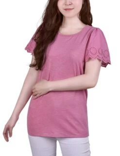 Women's Petite Flutter Eyelet Sleeve Pullover with Lace Neckline