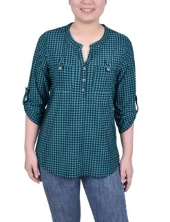 Black Houndstooth Long Sleeve Top with Pockets and Roll-Tab Sleeves