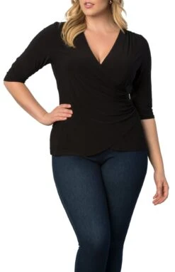 Plus Size Faux Wrap Top - Flattering 3/4 Sleeve Draped Blouse -Dressbarn Store femme fatale faux wrap top plus 262013