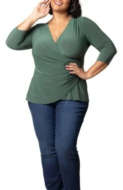Plus Size Faux Wrap Top - Flattering 3/4 Sleeve Draped Blouse