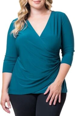 Plus Size Faux Wrap Top - Flattering 3/4 Sleeve Draped Blouse -Dressbarn Store femme fatale faux wrap top plus 341097
