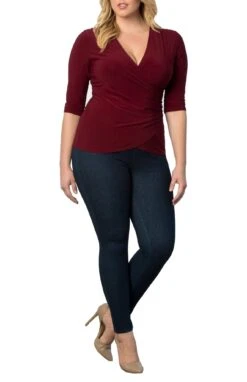 Plus Size Faux Wrap Top - Flattering 3/4 Sleeve Draped Blouse -Dressbarn Store femme fatale faux wrap top plus 500254