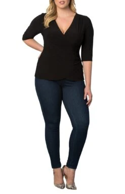 Plus Size Faux Wrap Top - Flattering 3/4 Sleeve Draped Blouse -Dressbarn Store femme fatale faux wrap top plus 531354