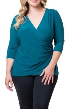 Plus Size Faux Wrap Top - Flattering 3/4 Sleeve Draped Blouse -Dressbarn Store femme fatale faux wrap top plus 688390