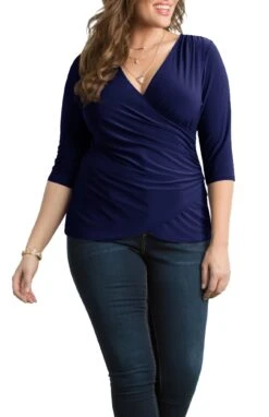 Plus Size Faux Wrap Top - Flattering 3/4 Sleeve Draped Blouse -Dressbarn Store femme fatale faux wrap top plus 764722