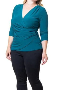 Plus Size Faux Wrap Top - Flattering 3/4 Sleeve Draped Blouse -Dressbarn Store femme fatale faux wrap top plus 831581