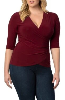 Plus Size Faux Wrap Top - Flattering 3/4 Sleeve Draped Blouse -Dressbarn Store femme fatale faux wrap top plus 967265