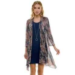 Navy Floral 3/4 Bell Sleeve Mini Dress with Detachable Necklace