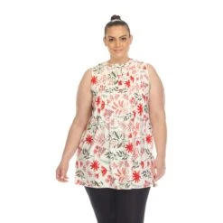 White Mark Women's Plus Size Floral Sleeveless Tunic Top