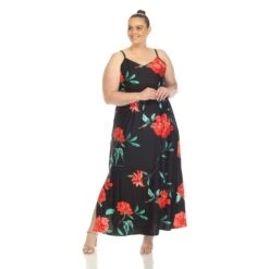 Plus Size Floral Strap Maxi Dress with Pockets and Side Slit -Dressbarn Store floral strap maxi dress plus 735221