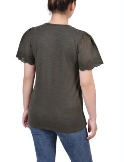 Women's Flutter Eyelet Sleeve Pullover Top with Lace Neckline 7 Women's Flutter Eyelet Sleeve Pullover Top with Lace Neckline -Dressbarn Store forest night short flutter eyelet sleeve pullover 220585