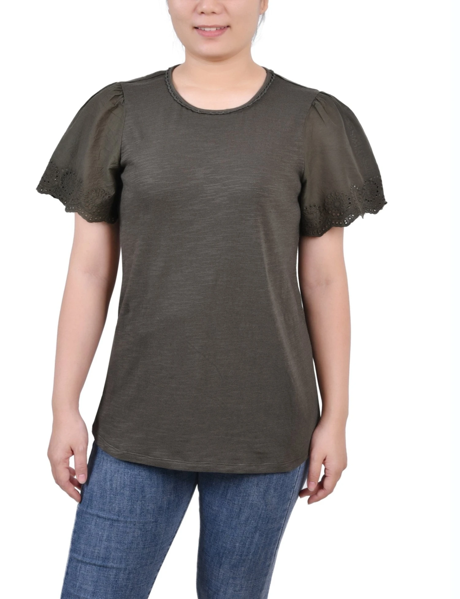 Women's Flutter Eyelet Sleeve Pullover Top with Lace Neckline 1 Women's Flutter Eyelet Sleeve Pullover Top with Lace Neckline