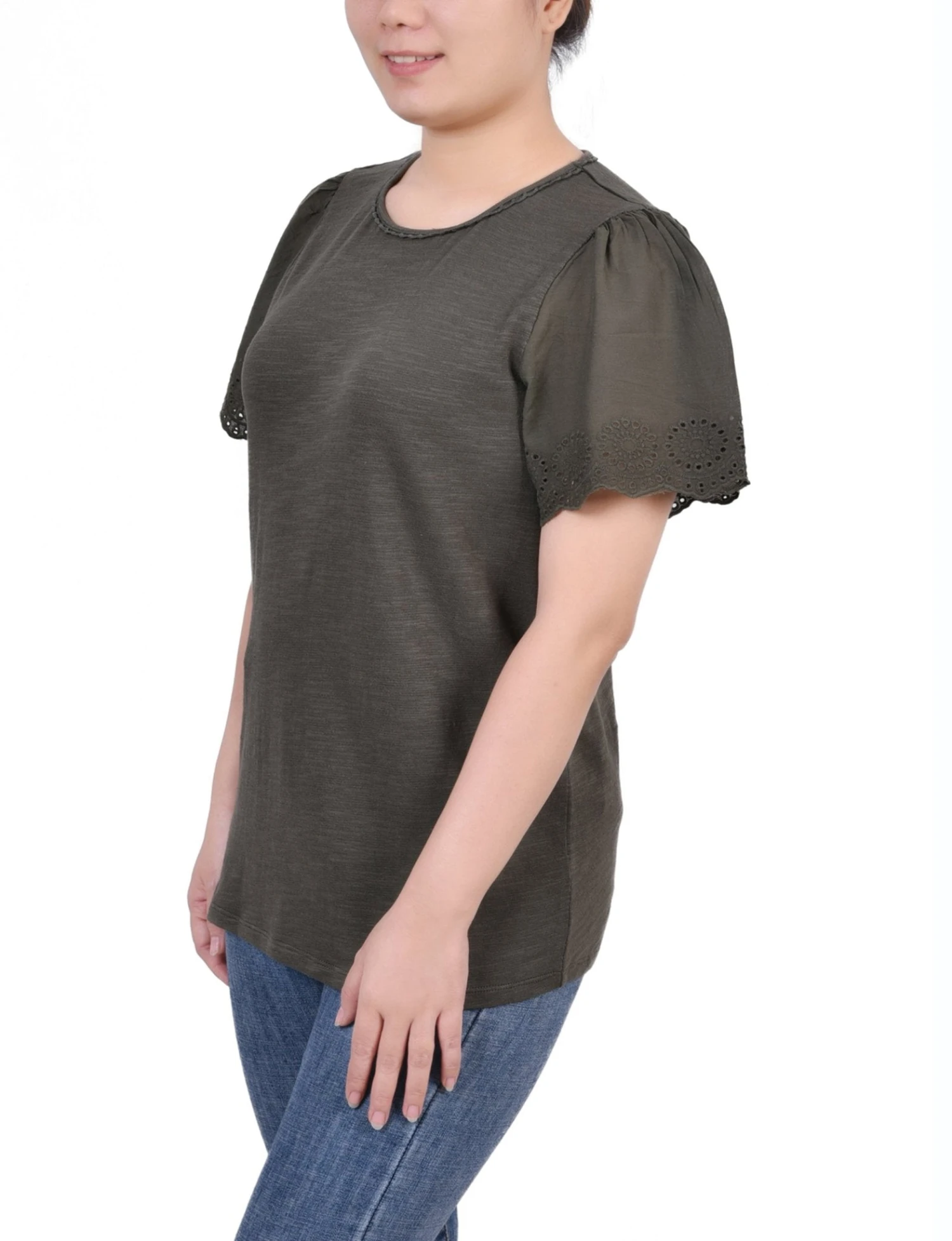 Women's Flutter Eyelet Sleeve Pullover Top with Lace Neckline 2 Women's Flutter Eyelet Sleeve Pullover Top with Lace Neckline - Image 2