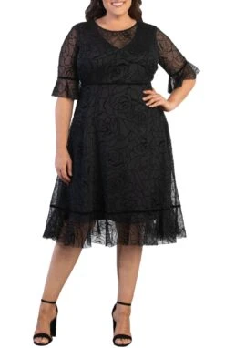 Plus Size Velvet Rose Cocktail Dress - Francesca Elegant A-Line Style