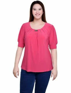 Petite Fuchsia Balloon Sleeve Knit Top with Hardware Detail