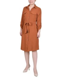 Classic Ginger Bread Long Roll Tab Sleeve Shirtdress with Self Belt