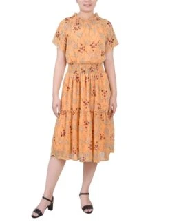 Gold Disty Floral Short Sleeve Smocked Waist Dress