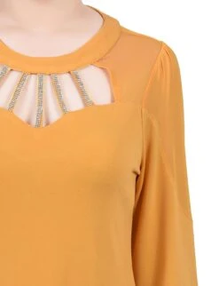 Elegant Petite 3/4 Sleeve Mesh Top with Sparkling Stone Neckline -Dressbarn Store golden glow 34 sleeve top with neckline cutouts and stones petite 493330