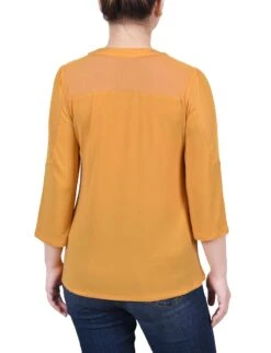 Elegant Petite 3/4 Sleeve Mesh Top with Sparkling Stone Neckline -Dressbarn Store golden glow 34 sleeve top with neckline cutouts and stones petite 553085