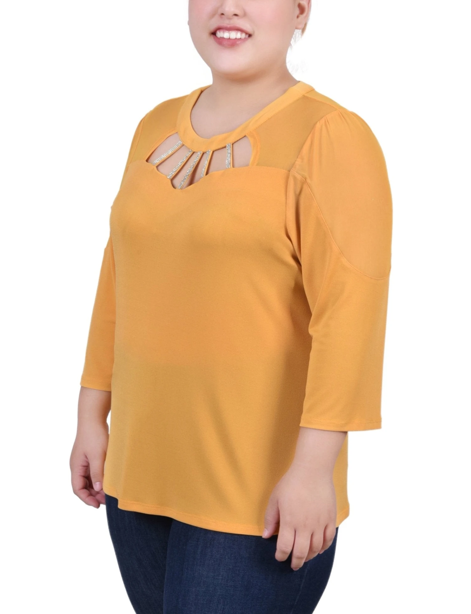 Golden Glow Plus Size 3/4 Sleeve Top with Cutout Stone Neckline 2 Golden Glow Plus Size 3/4 Sleeve Top with Cutout Stone Neckline - Image 2