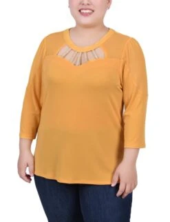 Golden Glow Plus Size 3/4 Sleeve Top with Cutout Stone Neckline