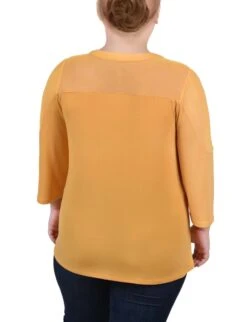 Golden Glow Plus Size 3/4 Sleeve Top with Cutout Stone Neckline 7 Golden Glow Plus Size 3/4 Sleeve Top with Cutout Stone Neckline -Dressbarn Store golden glow 34 sleeve top with neckline cutouts and stones plus 315516