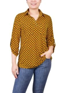 Golden Glow Petite Fleur De Lis Studded Y-Neck Top - 3/4 Roll Tab Sleeve