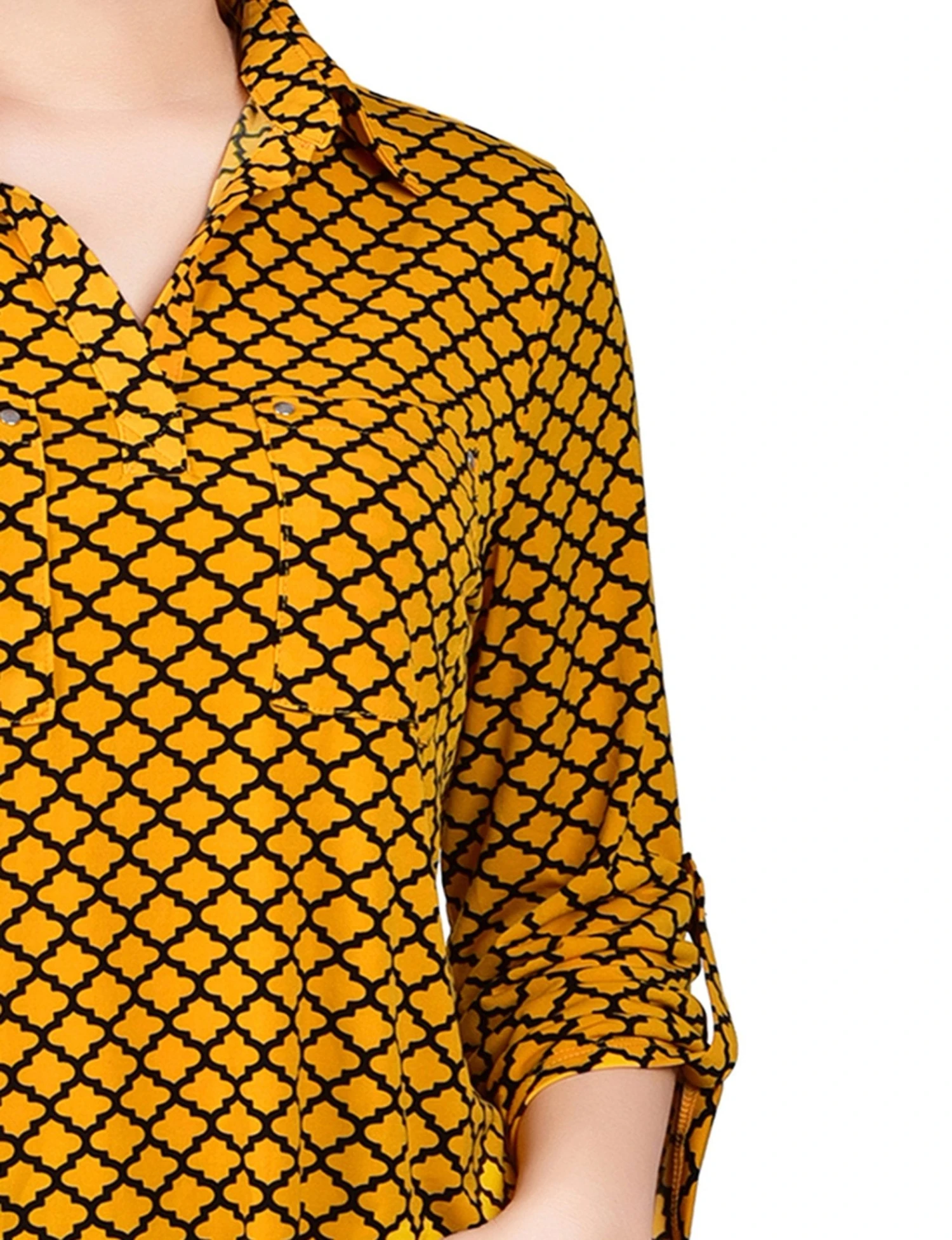 Golden Glow Petite Fleur De Lis Studded Y-Neck Top - 3/4 Roll Tab Sleeve 3 Golden Glow Petite Fleur De Lis Studded Y-Neck Top - 3/4 Roll Tab Sleeve - Image 3