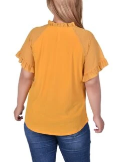 Plus Size Golden Glow Crepe Knit Top with Ruffled Chiffon Sleeves -Dressbarn Store golden glow short ruffled sleeve crepe knit top with chiffon sleeves plus 123761